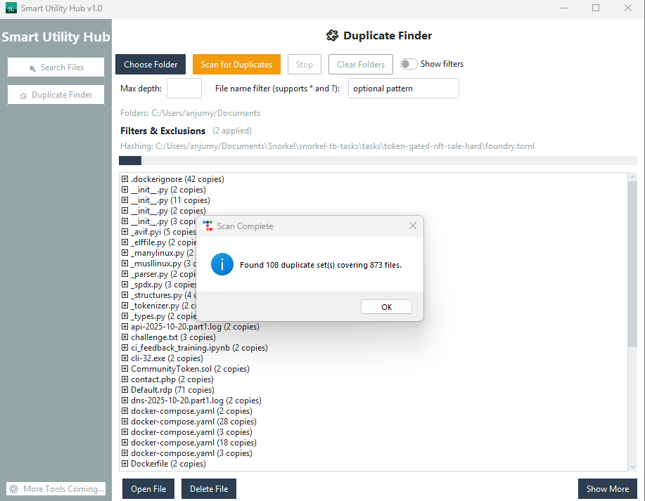 Smart Utility Hub duplicate finder results