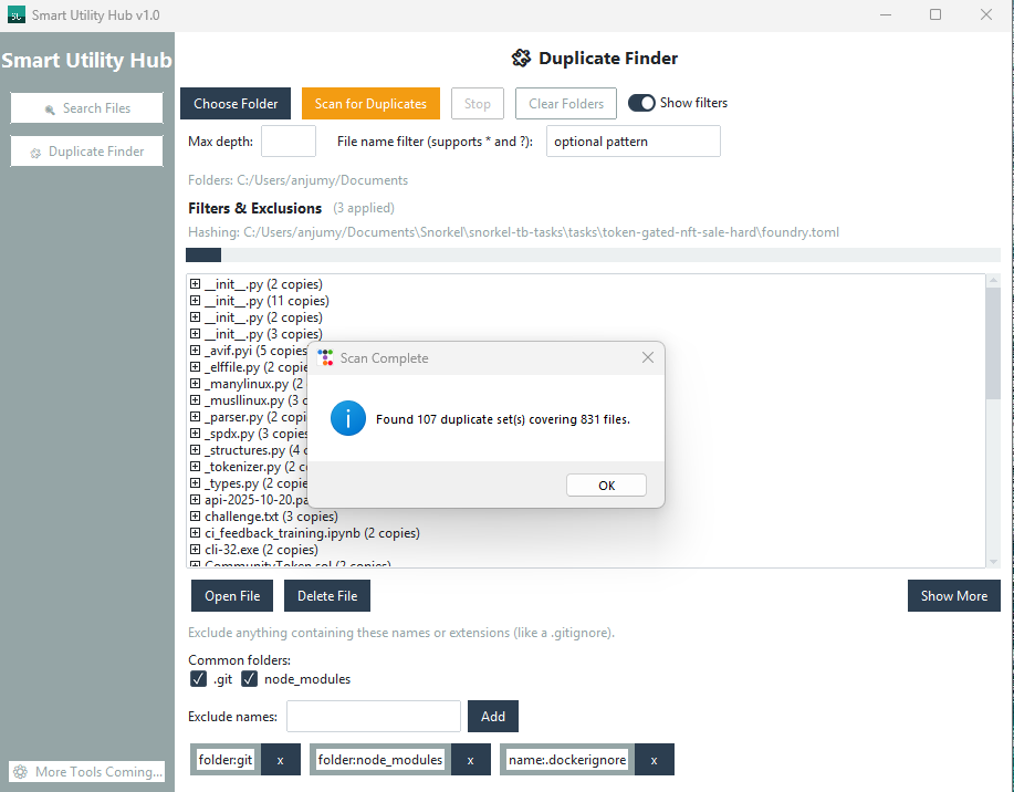 Smart Utility Hub duplicate finder with filters