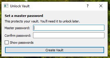 Local Password Safe prompt to create a master password