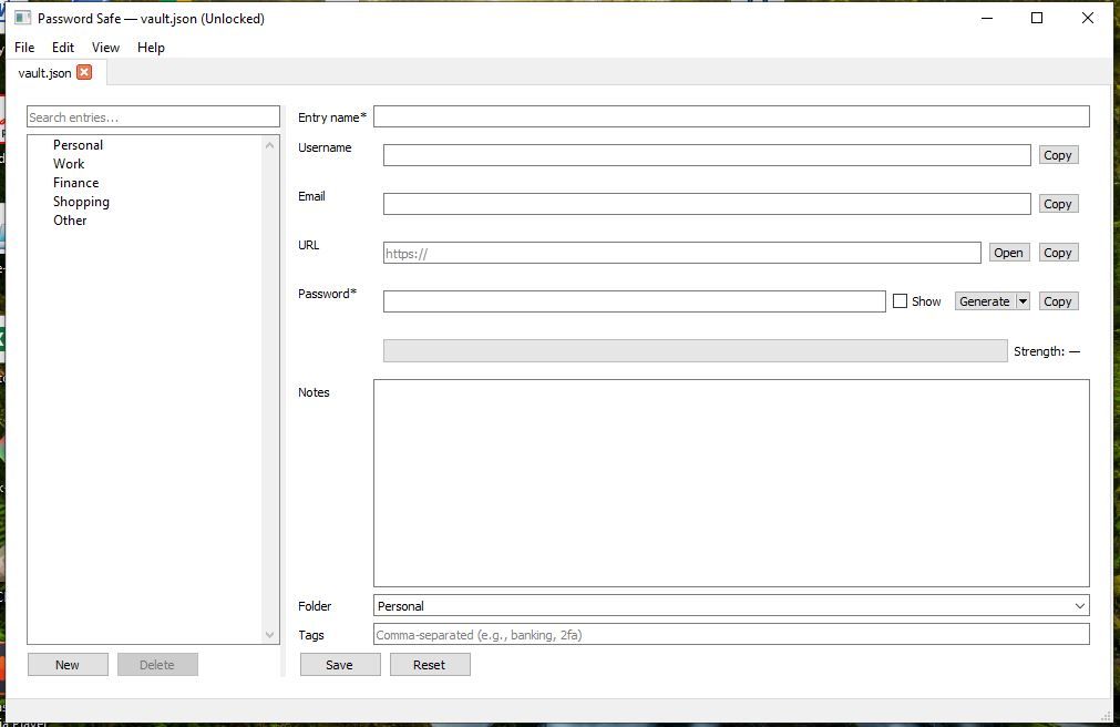 Blank Local Password Safe entry ready for new credentials