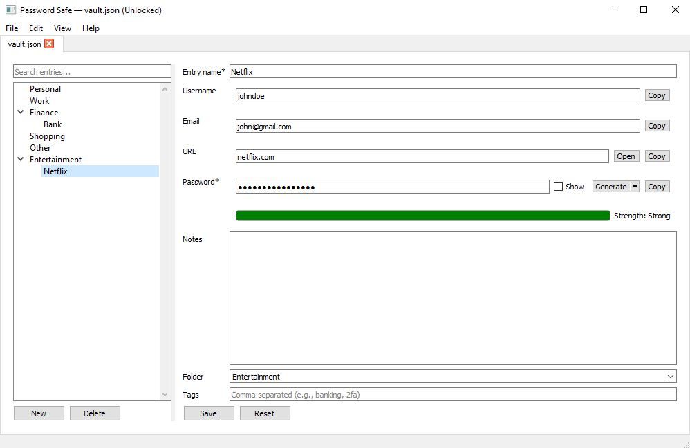 Local Password Safe entry populated with sample credentials