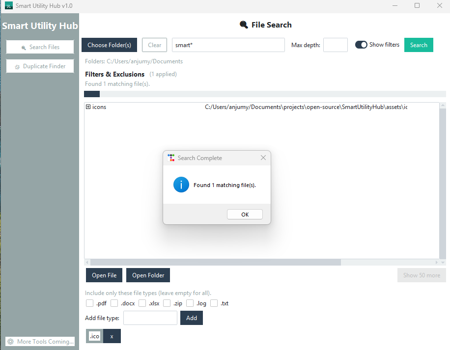 Smart Utility Hub search with folder and extension filters applied